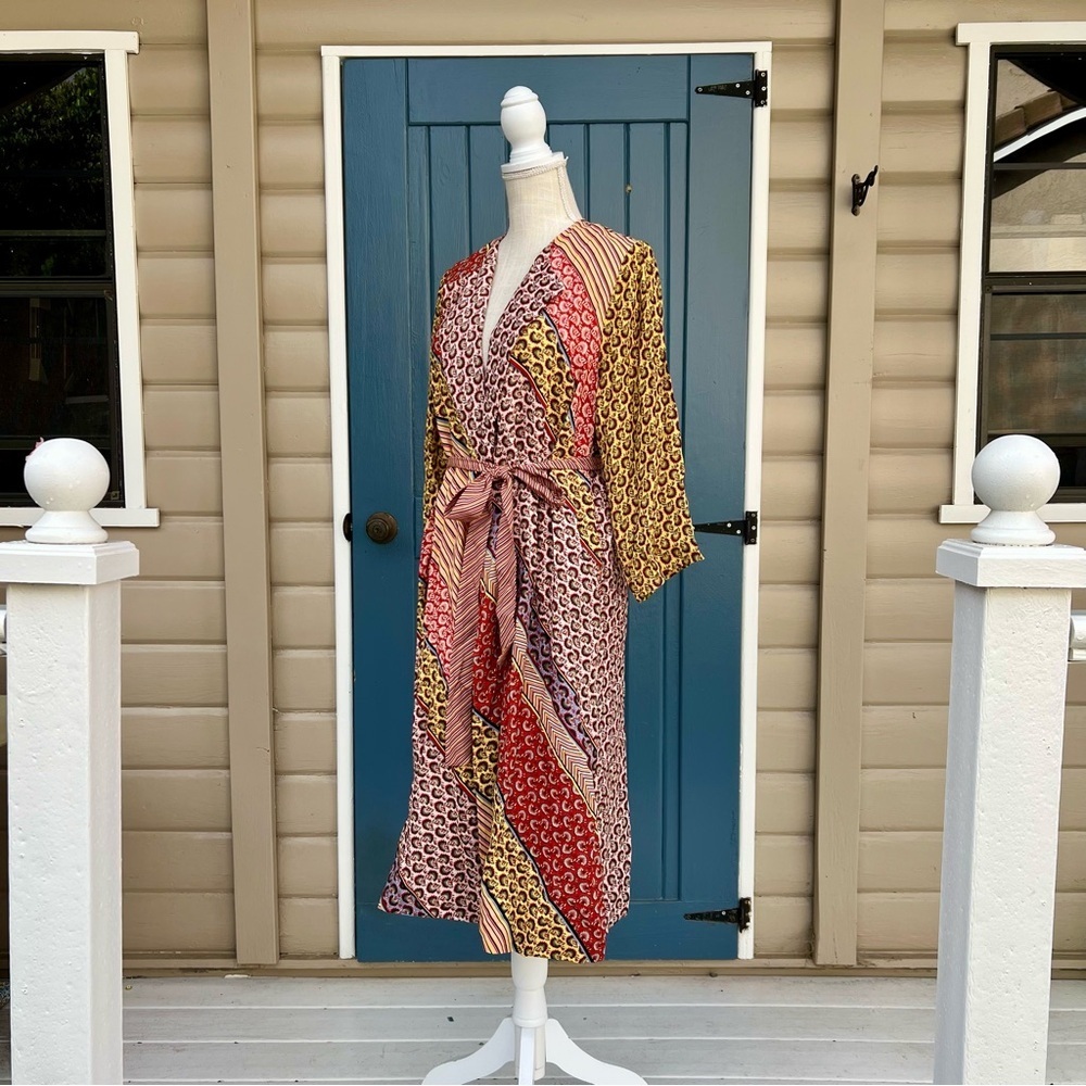 Cabi Multicolor Longline Kimono w/Tie and pockets Patchwork Boho Women’s Size S - Picture 2 of 9